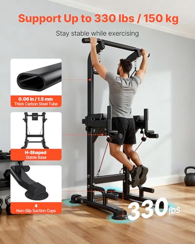 VEVOR Pull Up Bar, 330 LBS Power Tower Dip Station, Workout Dip Station with H-Shaped Stable Base & Back Pad, Adjustable 12 Level Height Free Standing Chin Up Bar for Back, 4-Level Adjustable Back Pad