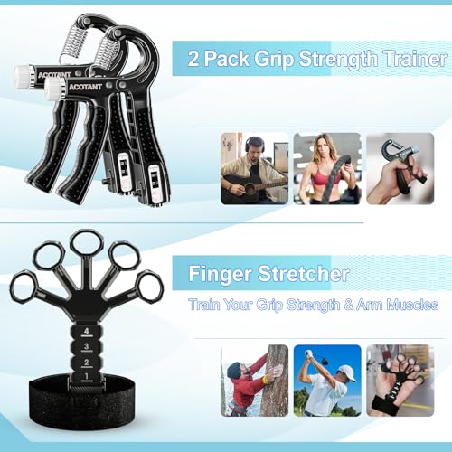 ACOTANT Grip Strength Trainer(5 Pack) with Finger Exerciser, Hand Grip Strengthener, Finger Stretcher,Grip Ring & Stress Relief Ball for Muscle Building and Injury Recover with Carry Bag - color: BLACK