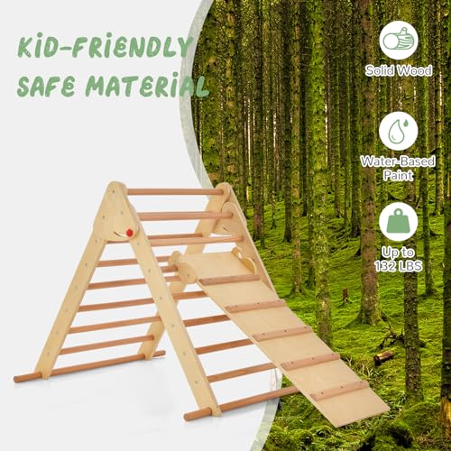 OLAKIDS Pikler Triangle Set 3 in 1 Climbing Toys for Toddlers Foldable Wood Montessori Baby Jungle Gym with Ramp Ladder Slide Kids Indoor Playground Activity Play Structure - color: Burlywood