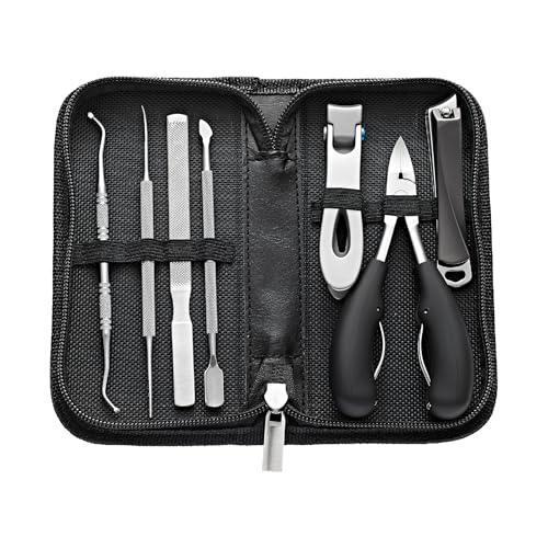 Ingrown Toenail Clippers for Seniors Thick Toenails, 7 Pcs Heavy Duty Large Pedicure Toe Nail Clipper Set with Wide Opening, Includes Nail Cutter, File, Lifter, Cuticle Pusher, Travel Case - color: 7 Pcs Set (Angled Clippers + Large Toenail Clipper)