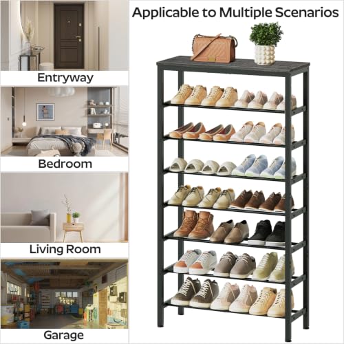 8 Tier Tall Shoe Rack, Large-Capacity Shoe Storage Organizer, Free Standing Shoe Shelf for Closet, Adjustable Metal Shoe Racks Organizer for 32 Pairs of Shoes, Charcoal and Black SS78BC