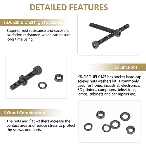 242 Pieces Black M5 x 30/35 /40/45 /50 mm Hex Socket Head Cap Screws Nuts Washers Assortment Kit, 12.9 Grade Alloy Steel - size: M5 x 30/35/40/45/50mm, style: Socket Head