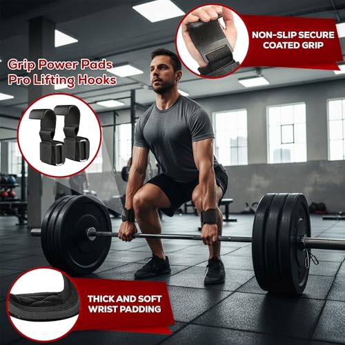 Weight Lifting Hooks (Pair) with Padded Wrist Straps – Heavy Duty Steel Grip Support for Deadlifts, Powerlifting, Bodybuilding & Pull-Ups – Gym Training Hooks for Men & Women