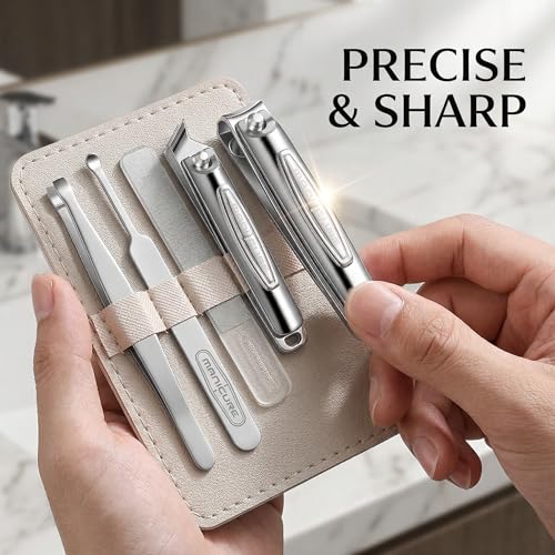 Nail Clippers for Men, 5pcs Professional Manicure Set with Sharp Slanted German Clippers, Stainless Steel Travel Pedicure Tools for Precise Hand Foot and Nail Grooming in Portable Leather Case