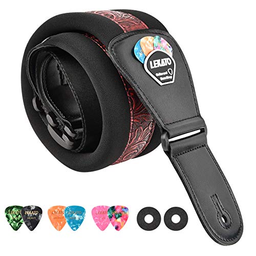 LEKATO Bass Guitar Strap - 3" Wide, Padded, Adjustable 45" to 55", With Pick Holder & 2 Safety Strap Locks - color: Red, size: Regular(45"-55")