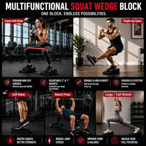 Squat Wedge Block, Non-Slip Adjustable Slant Board for Squats, 5 Bands | High-Density Rubber, Dual Heel Elevator, for Goblet Squats, Calf Raise Training & Deadlifts"