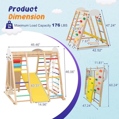 Large Wooden Indoor Jungle Gym 9-in-1 Playground Climbing Toys for Kids Ages 2-6, Waldorf Style Wooden Climber Playset with Slide, Monkey Bars, Ladder, Rope Ladder, Rock Climbing, Swing (9-in-1) - size: 9-in-1