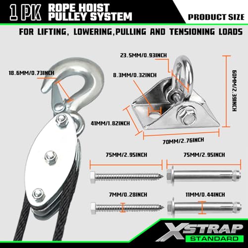 XSTRAP STANDARD Rope Hoist Pulley System, 1000LB Capacity Block and Tackle, 5:1 Lifting Power 50ft Heavy Duty Pulley Block for Hunting Lifting Objects with Work Gloves, 2pcs Soft Loops, 1 Swing Hanger - color: 50 Ft+Silver Black+1 Swing Hanger