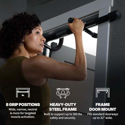 SPRI Pull Up Bar - 8-Grip and 12-Grip Door Frame Mounting Pull-Up Bar for Versatile Workouts - Rugged Steel Frame with Foam Handles - Supports 300 Pounds - Fits Door Frames Up to 32 in. Wide – Black - size: 8 Grip