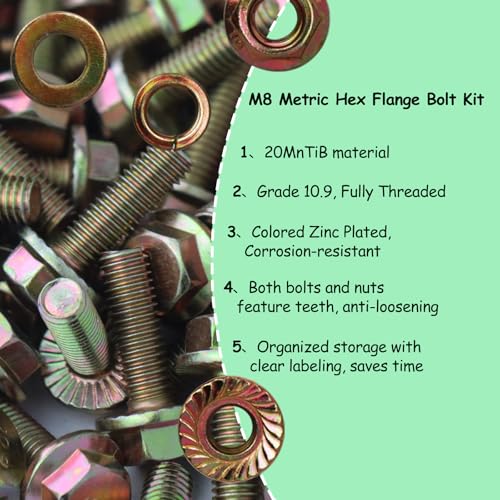 214pcs Grade 10.9 Metric Flange Bolts Assortment Kit, M8x1.25 Bolts (16-45mm), Metric Bolts and Nuts Assortment, Hex Bolt and Nut Washers Kit, Yellow Zinc Plated - size: 214PCS Metric Flange Bolt Kit M8, Grade 10.9