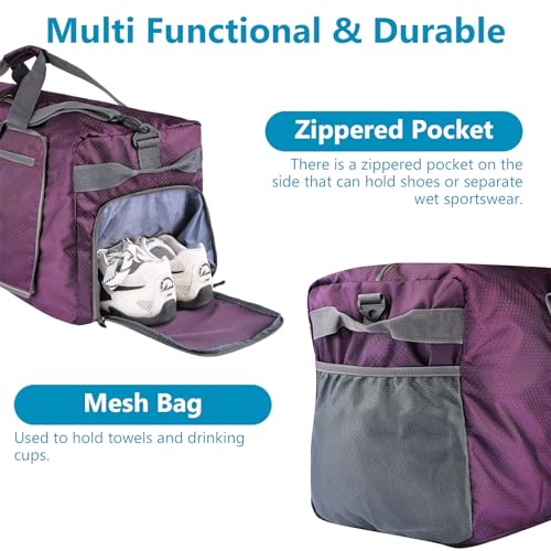 60L Duffle Bag with Shoes Compartment - Foldable&Large Capacity Travel Duffel Bags, Lightweight & Water-Resistant Gym Bag - Purple - color: 60L-Purple