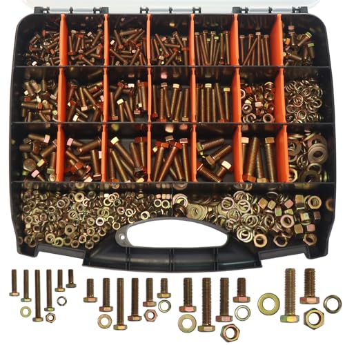 918Pcs Metric Bolt Assortment Kit - Grade 8.8 M6 M8 M10 M12 (16-50mm) Hex Bolts with Nuts & Washers, Yellow Zinc Plated, Storage Case for Heavy Equipment & Machinery Repair - size: 918PCS Metic Hex Bolt Kit M6~M12, Grade 8.8