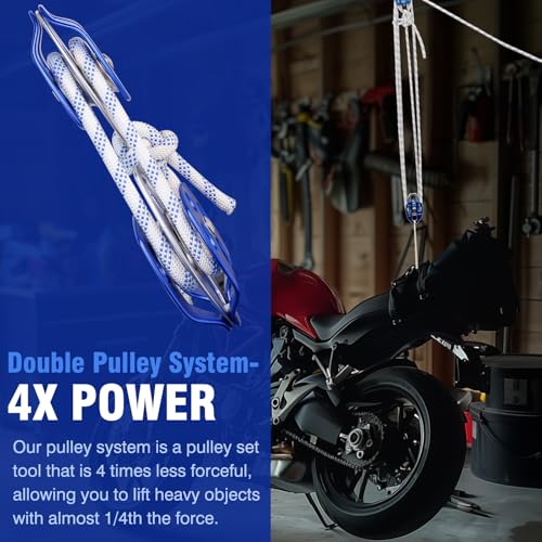 Double Block and Tackle Pulley System with 150Ft x 1/2'' Rope Pulley 7700 LB(35KN) Breaking Strength, 4:1 Lifting Power Sheave Pulley Hoist System for Garage, Attic Heavy Lifting - size: 1/2'' x 150ft