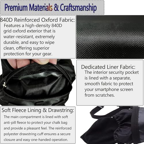 Rock Climbing Chalk Bag & Bouldering Bucket, 7.5" Oxford with Zipper Pocket - Lightweight Gym Accessories for Men Women (Black/Charcoal Grey) - color: Black