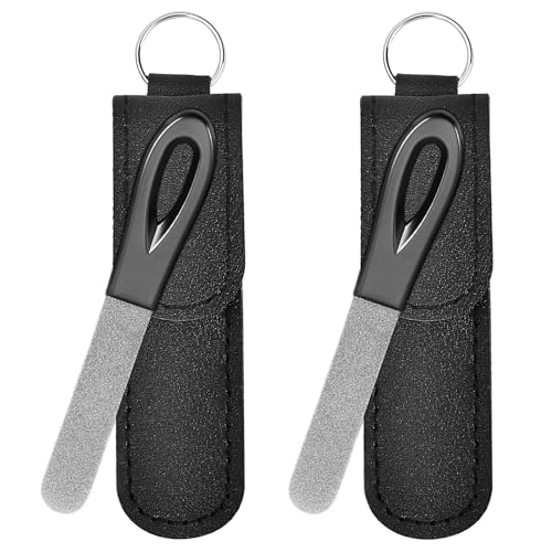 Metal Nail File with Case, 2 Pack Keychain Nail Files for Natural Nails, Fingernail Files Diamond Round Tip Stainless Steel Double Sided Fine Grit Sapphire Filer with Leather Sheath Travel Black - size: 2 Pack 3.6 in Gunmetal/Black Keychain