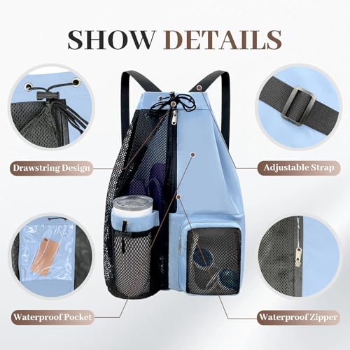 Beach Backpack with Wet Pocket Drawstring Mesh Beach Bag Waterproof Swimming Pool Backpack for Men and Women - color: Blue