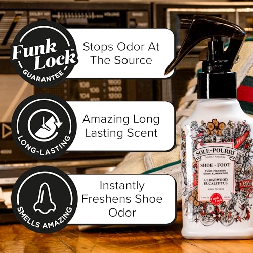 Sole-Pourri Shoe Deodorizer + Foot Spray, 3.4 Fl Oz, Up to 150 Uses, Funk-Fighting Odor Freshener with Essential Oils, for Smelly Shoes, Feet & Gym Bags, Cedarwood & Eucalyptus Scent - size: 1 Ounce (Pack of 1), style: Cedarwood Eucalyptus