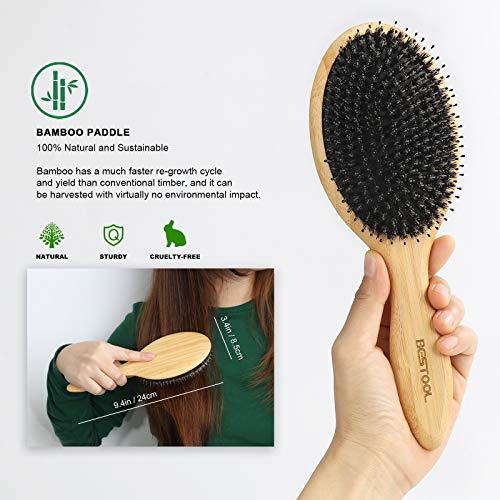BESTOOL Hair Brush-Boar Bristle Hair Brushes Natural Bamboo Wooden Cushion Massage Anti Static Large Paddle Hairbrush for Women Men and Kid (Round) - color: Natural