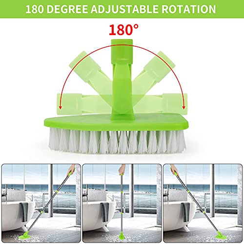 Extendable Scrub Cleaning Brush with Long Handle 35'' - Floor Scrubber | 1 Stiff Bristles & 3 Sponge Brush, Adjustable Lightweigh Kitchen Brush for Baseboard Shower Bathroom Bathtub Tile