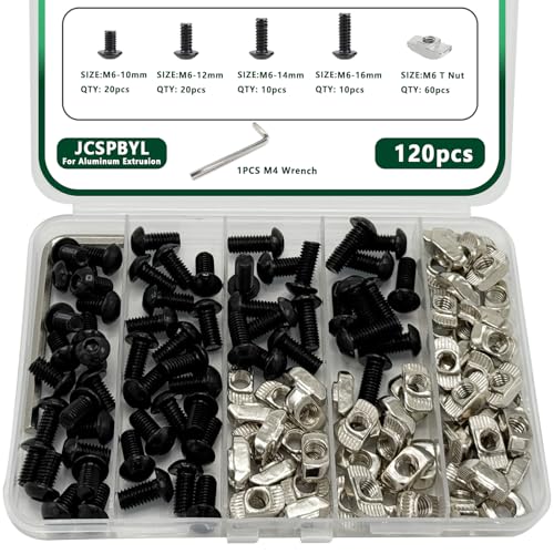 120 pcs M6 T Nut Screws Kit for 3030 3060 Aluminum Extrusion, 60 pcs Black M6x10/12/14/16mm Hexagon Socket Screws and 60 pcs M5 Drop in T-Nuts with 1 pcs M6 Hex Wrench - style: 120pcs 30 Series Screws Kit Black