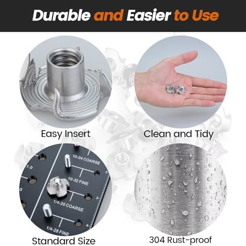 304 Stainless Steel T-Nuts 4-Pronged M6 (25 PCS) | Strong Grip, Rustproof Corrosion Resistant, Smooth Threads, Easy Insertion for Wood/Furniture/Cabinetry/Climbing Holds - size: M6