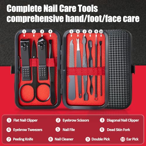 Manicure Set 10 in 1 Mens Gifts Travel Nail Clippers Set for Him, Mens Grooming Manicure Kit Pedicure Tools for Men Women Girls Boys Parents Husband Wife with Black Leather Case - size: 10-PCS Set