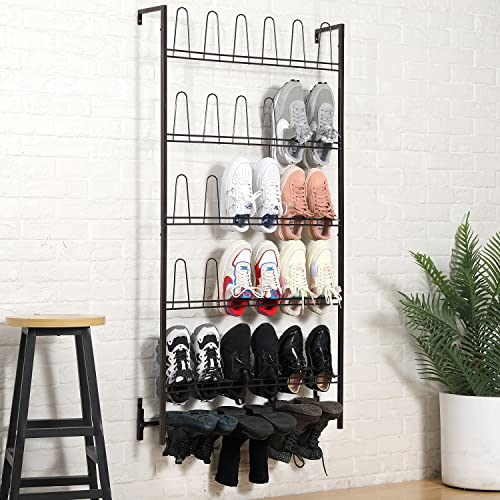 MyGift 5-Tier Wall Mounted Dark Brown Metal 18 Pair Boot and Shoe Storage Rack Organizer Stand - color: Brown (5 Tier, 18 Pairs)