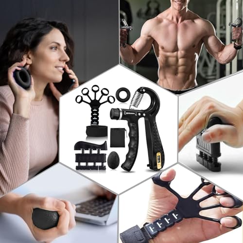Hand Grip Strengthener Kit 5 Pack Adjustable Finger Forearm Hand Exerciser | Adjustable Grip Trainer, Finger Stretcher & Stress Ball Set for Strength Training & Hand Exercises