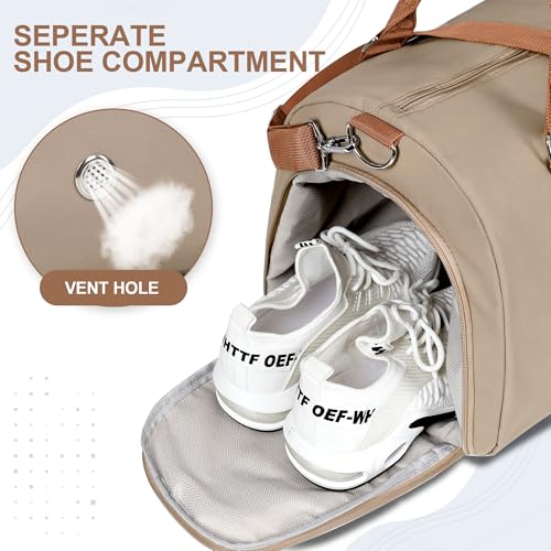 FIORETTO Womens Gym Tote Duffle Weekender Bag with Wet Pocket & Shoe Compartment, Ideal for Travel, Swimming, Dance, Khaki - color: Khaki, style: Gym Bag