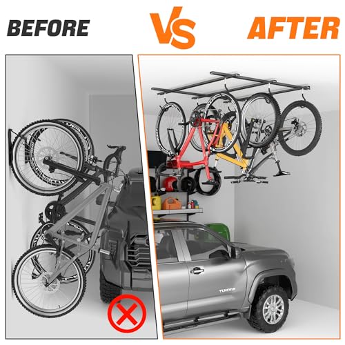 TORACK Ceiling Bike Rack for Garage, Ceiling-Mounted Bicycle Storage Hooks for 3 Bikes (Horizontal) or 6 Bikes (Vertical), Adjustable Overhead Bicycle Hooks for Mountain, Road Bike - style: 3 bikes horizontal
