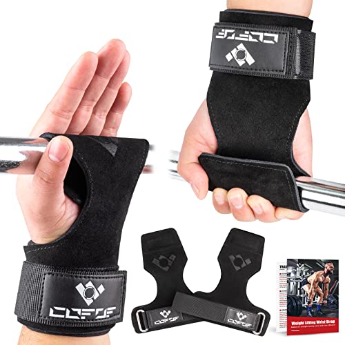 COFOF Weight Lifting Wrist Strap, Double Layer Leather Wrist Strap for Deadlift and Powerlifting, Adjustable Neoprene Padded Gym Workout Lifting Hooks (Pair) - color: Midnight Black