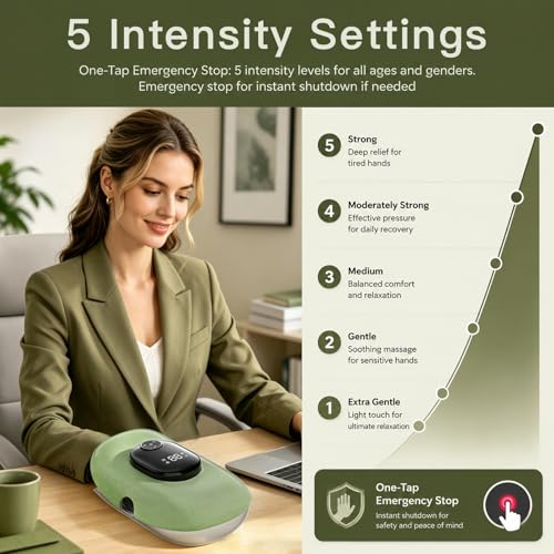 Heated Hand Massager with Finger Stretching & Kneading, Electric Hand & Wrist Massager, 4 Massage & 5 Compression & 3 Temperatures Modes, Gifts for Women Men (Green) - color: Grey