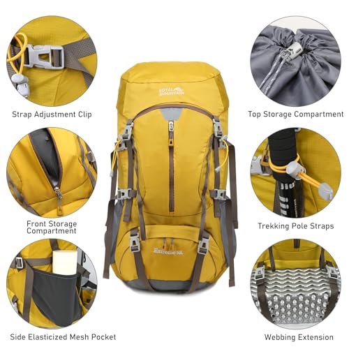 50L Hiking Camping Backpack for Men Women Lightweight Backpacking Back Pack | Waterproof Travel Outdoor Sport Climbing Daypack with Rain Cover - color: Yellow