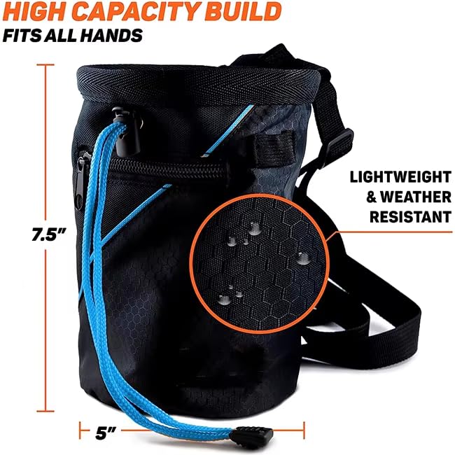 Chalk Bag for Rock Climbing with Quick-Clip Belt, Large Zippered Pockets & Brush Holder - Weight Lifting, Gym, Bouldering, Disc Golf, Wall Climbing Gear Accessories