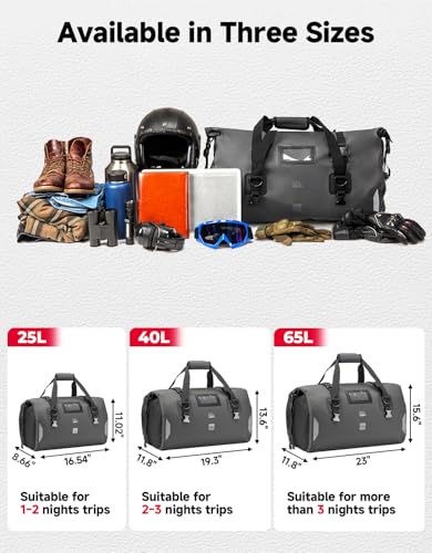 KEMIMOTO Waterproof Motorcycle Dry Bag – Duffle Tail Bag Soft Luggage, 25L/40L/65L Large Capacity with 4 Quick-Release Straps, Dustproof for Touring, Adventure, Motorcycling & Camping Grey - size: 65L