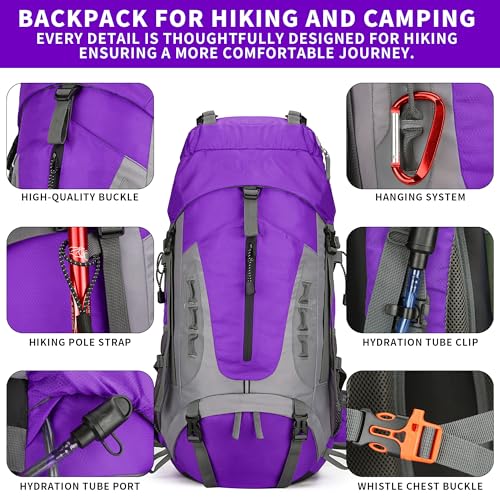 75L Hiking Backpack with Rain Cover Waterproof Camping Backpack Shoes Warehouse for Men Women, Frameless - color: Purple, size: 60L