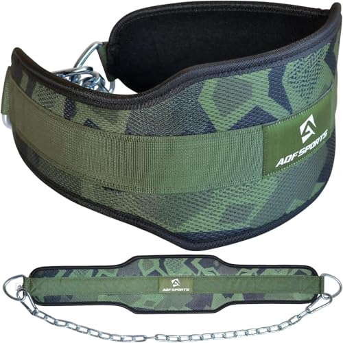 AQF Dip Belt with 36" Steel Chain - Neoprene Padded Back Support Belt | Secure Carabiners for Weighted Pull ups, Dips, Gym, Powerlifting, Bodybuilding, Squat & Fitness - color: Green Camo