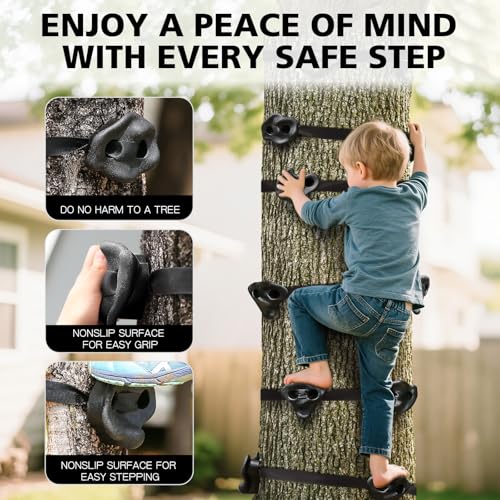 TOPNEW 12PCS Ninja Tree Climbing Holds and 6 Sturdy Ratchet Straps for Kids Tree Climbing, Large Climbing Rocks for Outdoor Ninja Warrior Obstacle Course Training - style: 12 Black Climbing Holds