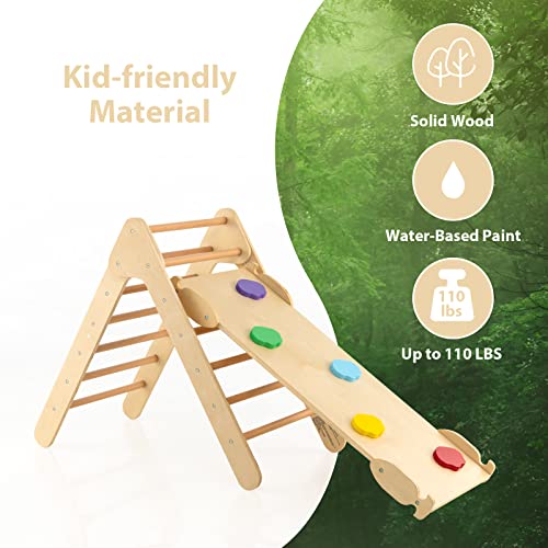 OLAKIDS Pikler Triangle Set 3 in 1 Climbing Toys for Toddlers Wood Montessori Baby Jungle Gym with Ramp Ladder Slide Kids Indoor Playground Activity Play Structure - color: Wooden
