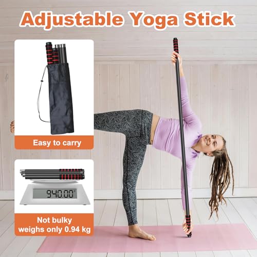 Yoga Stick Sturdy Steel, 5 Ft Adjustable Stretching Stick for Mobility, Flexibility and Balance, Versatile Exercise Stick with Non-Slip Ends and Foam Handles for Fitness, and Posture - color: Black