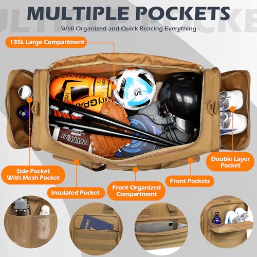 135L Extra Large Duffle Bag, Heavy Duty Sports Gym Travel Duffel Bag | for Basketball, Baseball, Hockey, Football, Helmets, and Pads - color: Brown