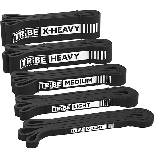 Long Resistance Bands Set, 5 Pull Up Assistance Bands for Working Out | 5 resistance levels, natural latex construction, exercise bands for strength training, stretching and physical therapy - color: Black