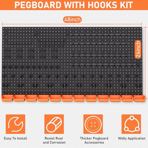 INCLY 48x24 Inch Metal Peg Board Kit 1/4" Pegboard Hooks Accessories | 4PCS Peg Board Panels, 156PCS Pegboard Accessories, Black Pegboard Wall Organizer, Tool Storage System for Garage Workbench - size: 48x24 Inch