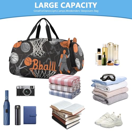 Kids Sports Duffel Bag for Boys & Girls - Basketball Players Balls 100% Polyester Gym Bag with Separate Shoe Compartment, Adjustable Shoulder Strap, Compact Travel & Workout Gear Bag - color: Basketball Players Balls