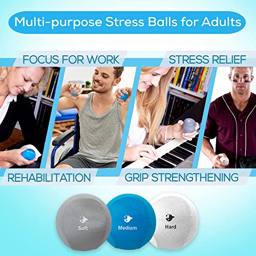 Serenilite Hand Therapy Exercise Stress Ball Bundle - Tri-Density Stress Balls for Adults & Grip Strengthening - color: Cloud, Sea Breeze, Titanium Set