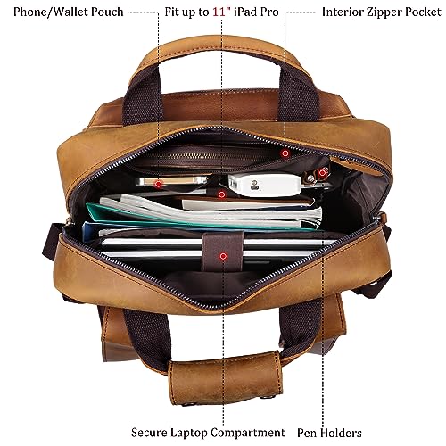 Polare Cowhide Leather Multiple Laptop Backpack Day Pack Travel Bag Satchel For Men - color: Light Brown