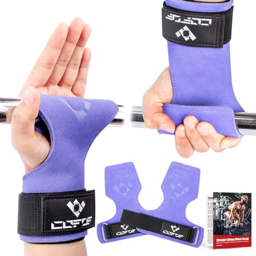 COFOF Weight Lifting Wrist Strap, Double Layer Leather Wrist Strap for Deadlift and Powerlifting, Adjustable Neoprene Padded Gym Workout Lifting Hooks (Pair) - color: Purple
