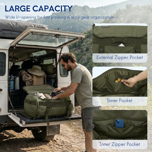 Haimont Heavy Duty Convertible Travel Duffel Backpack, Army Green, 45L | Shoe Compartment, Water-Resistant Tarpaulin, Wide U-Shaped Opening - color: Green, size: 45L