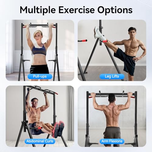 Foldable Power Tower Dip Station Pull Up Bar Station | with Double Bars 5.74ft-7.55ft Height Adjustable for Pull Ups, Dips, 440lbs Load Capacity