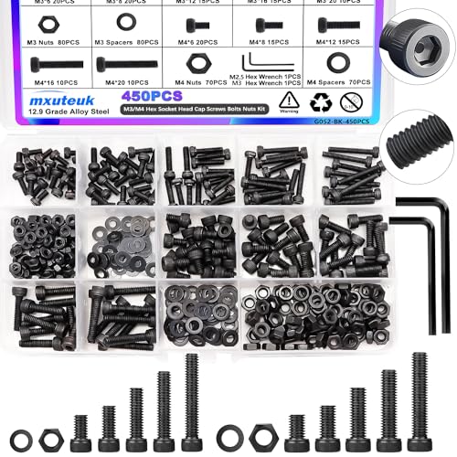 mxuteuk 450PCS M3 M4 Screws Assortment Set,6/8/12/16/20mm Screws Bolts Nuts Kit 12.9 Grade Alloy Steel Hex Socket Head Cap M3 M4 Bolts with Hex Wrench - size: 450PCS M3 M4, style: Hex Socket Head